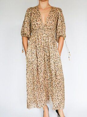Zimmermann Melody Leopard Print Linen Midi Dress Size 0